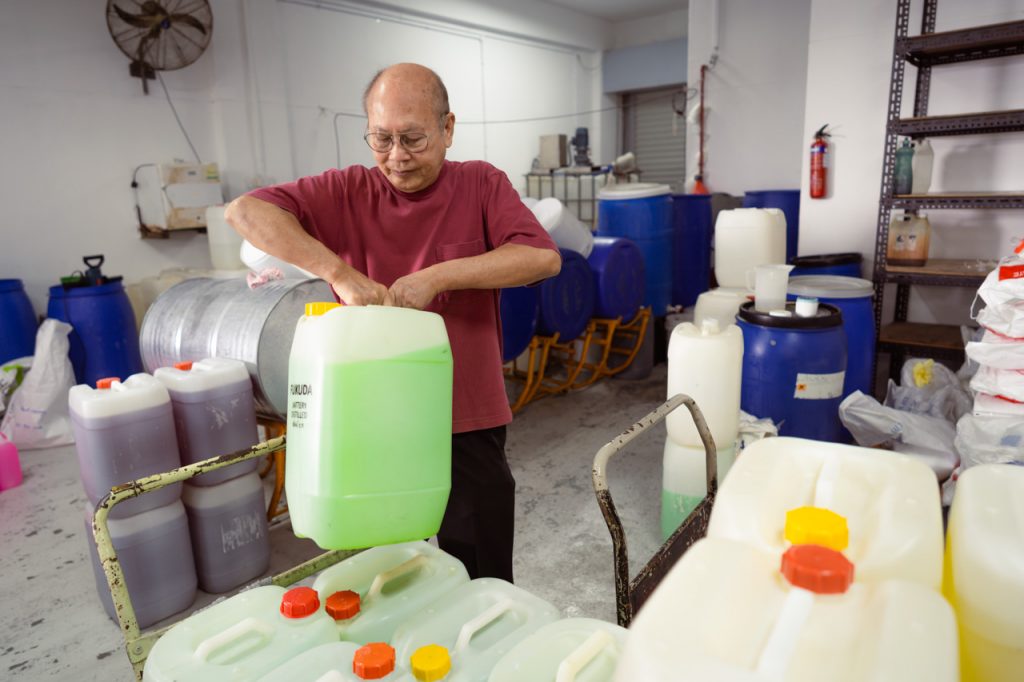 He lifts the barrels of soap with relative ease, and worries if he doesn't continue moving, his age might really catch up to him.